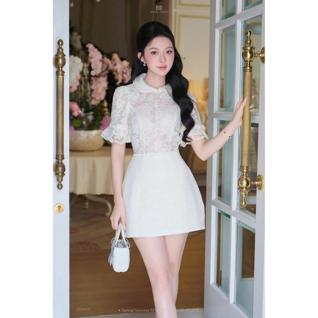 [ẢNH THẬT]Váy ren cổ sen tay lỡ đính nơ khuy bọc dáng xoè ngắn đầm tiểu thư tôn dáng đi chơi đi tiệc sang chảnh V01