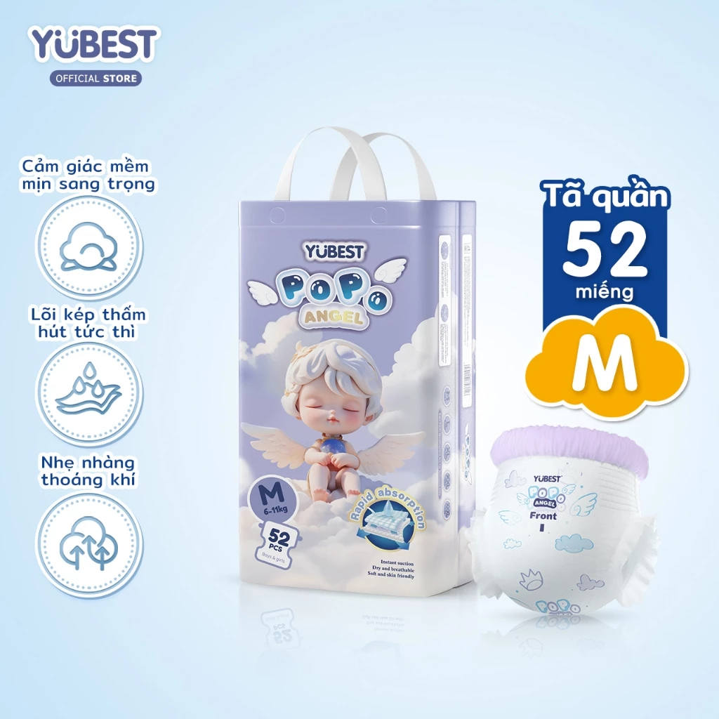Yubest Khung eo bong bóng Tã/bỉm dán sơ sinh Tã quần M52 miếng pH<7 an toàn cho da bé cảm giác mịn màng