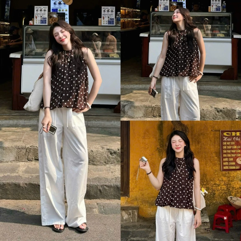 (ẢNH OLDSCHOOL) Áo yếm voan tơ lụa 2 lớp chấm bi “Mơ”Top.