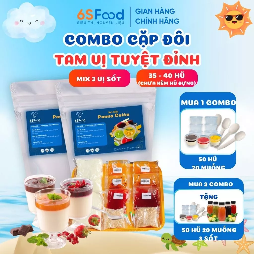 Combo 2 set làm Panna Cotta, Cặp Đôi Tam Vị Tuyệt Đỉnh, thành phẩm 35-40 hũ 60ml mix 3 vị - 6SFOOD
