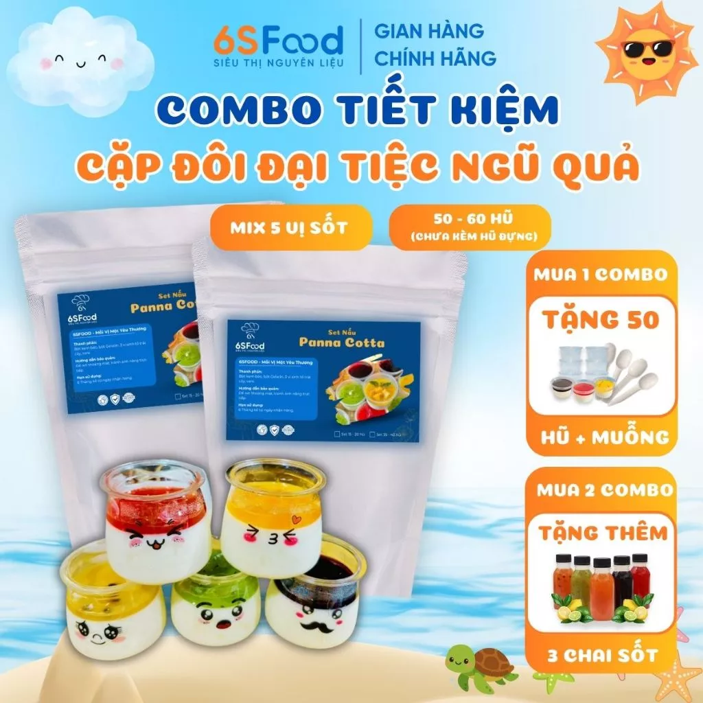 Combo 2 Set làm Panna Cotta Đại Tiệc Ngũ Quả thành phẩm 50-60 hũ 60ml mix 5 vị - 6SFOOD