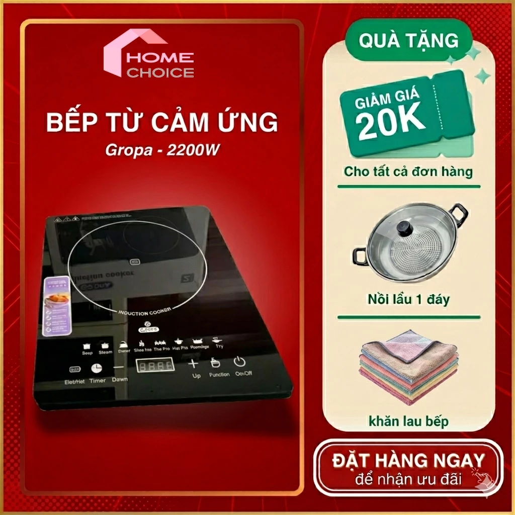 [TẶNG KÈM NỒI] Bếp Từ Đơn Cảm Ứng GROPA 2200W Cao Cấp, Mặt Kính Toàn Phần, Tiết Kiệm Điện