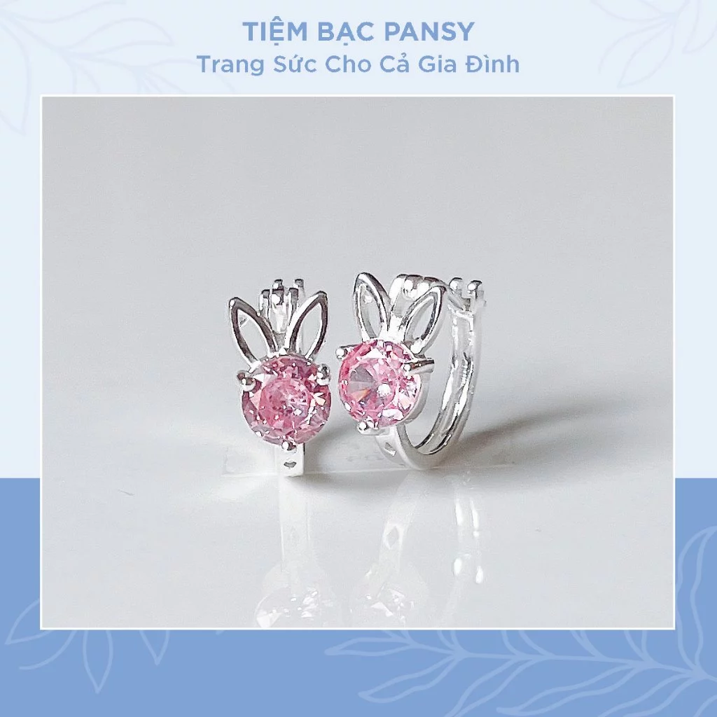 Hoa tai bạc thỏ hồng cho bé gái PANSY - Khuyên tai trẻ em bằng bạc ta cao cấp