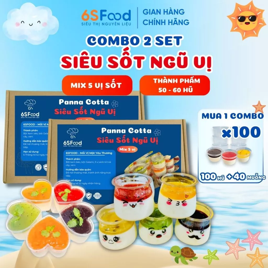 Combo 2 Set Nguyên Liệu Panna Cotta Siêu Sốt mix 5 vị thành phẩm 50-60 hũ [SIÊU SỐT ĐẦY ĐỦ] 6SFOOD