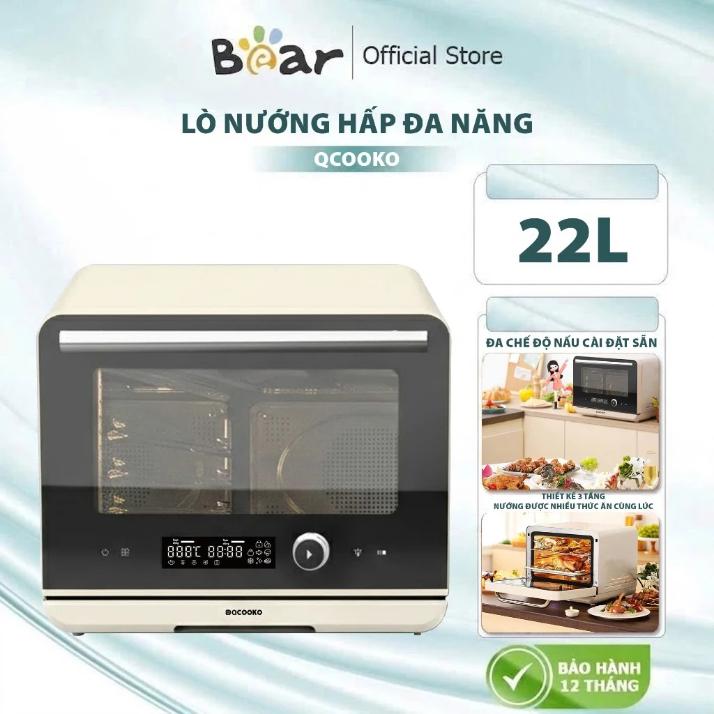 Lò nướng hấp đa năng QCOOKO Lò hấp dung tích lớn 22L với công suất 800W, tích hợp chức năng nướng khí nóng 3D