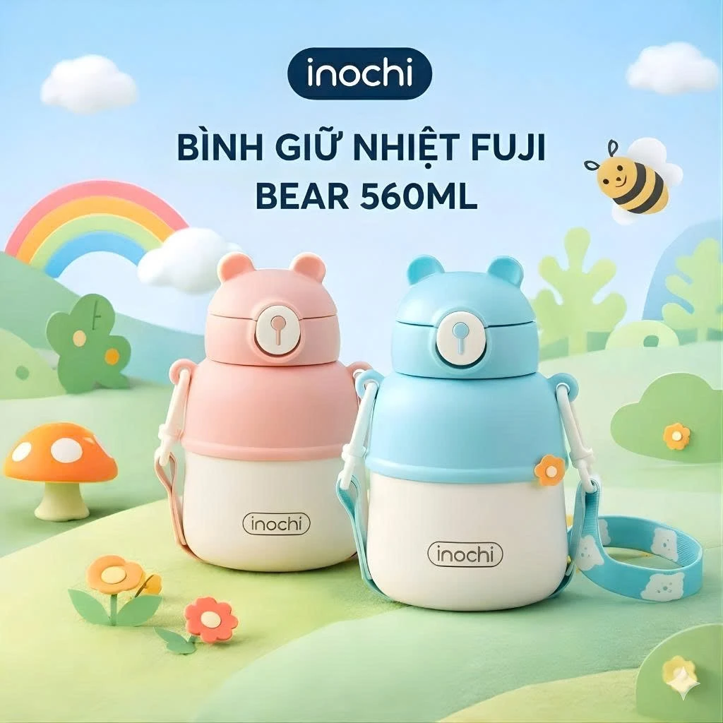 Bình giữ nhiệt Fuji Bear 560ml - inox 316 có ống hút giữ nóng lạnh 6h chống tràn có quai xách