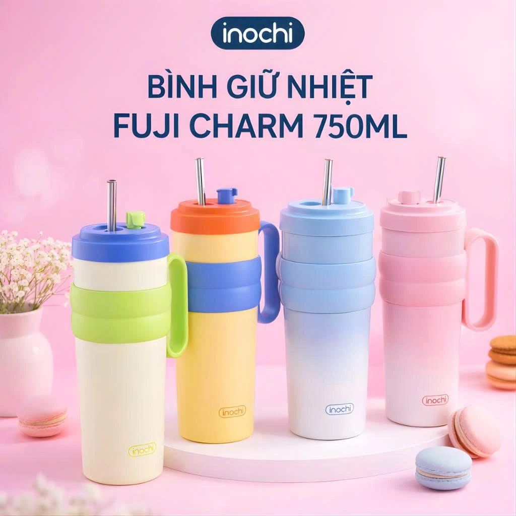 Bình giữ nhiệt Inochi Fuji Charm 750ml - inox 304 5 lớp giữ nóng lạnh 6h có ống hút quai xách