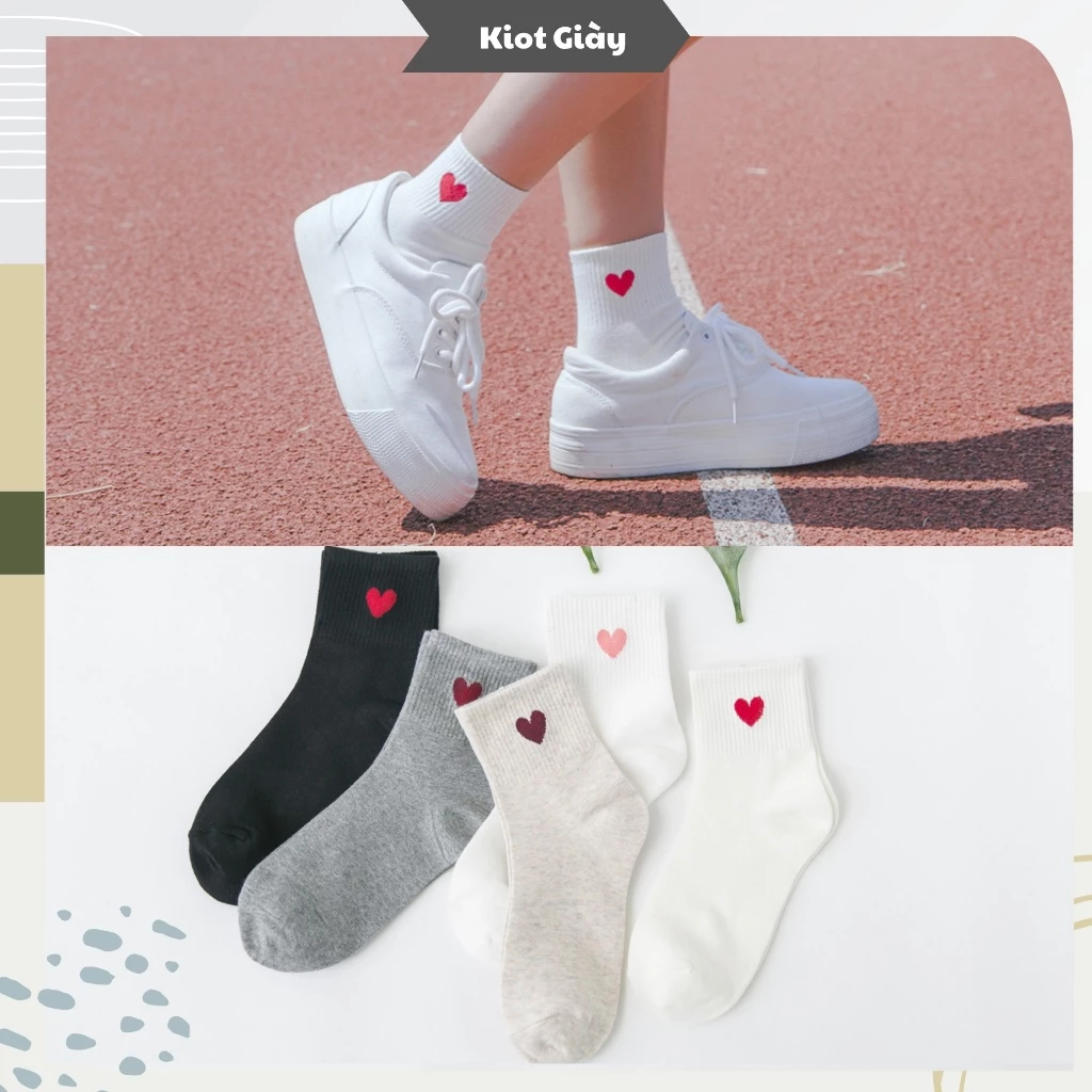 Tất vớ nữ cổ trung họa tiết hình trái tim - Chất liệu cotton co giãn thoáng khí nhiều màu sắc