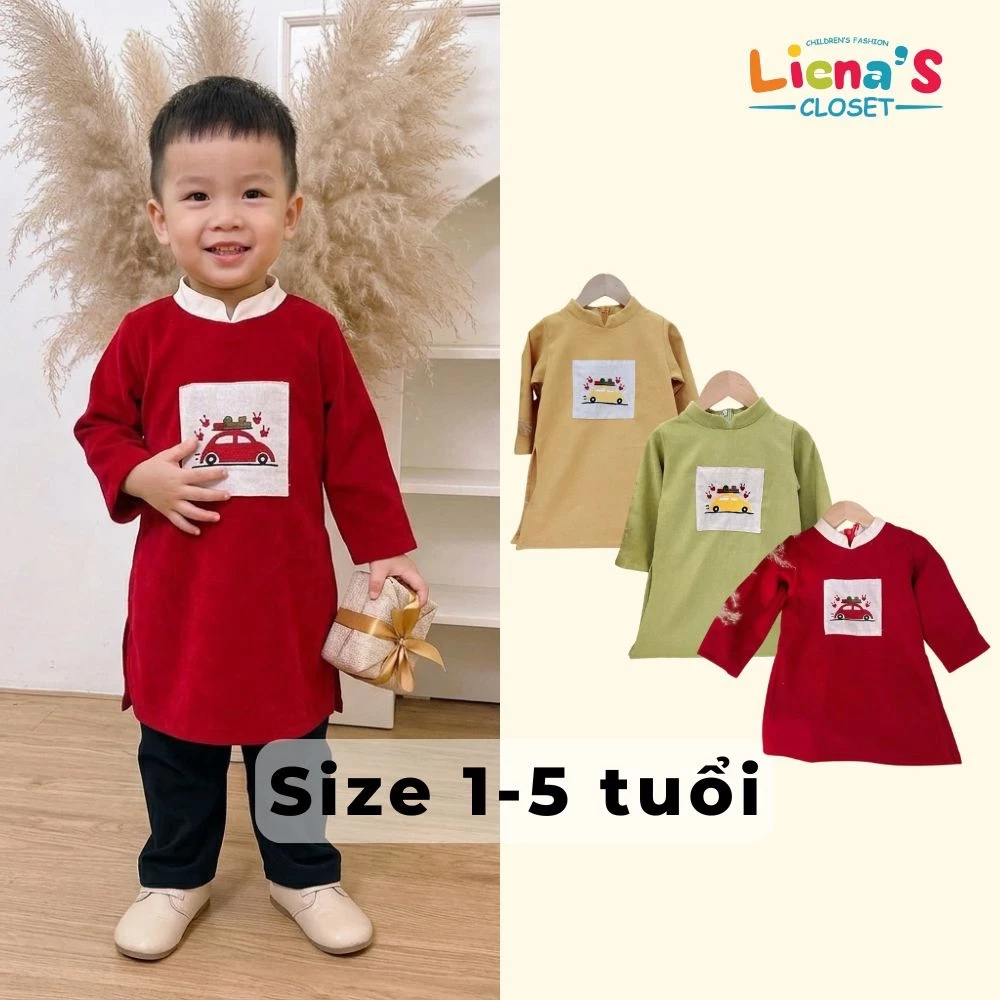 Áo Dài Bé Trai Chất Vải Nhung Tăm Mềm, Mịn (Vải Cao Cấp) Thêu Hình Ô Tô Dễ Thương Cho Bé 1-5 Tuổi