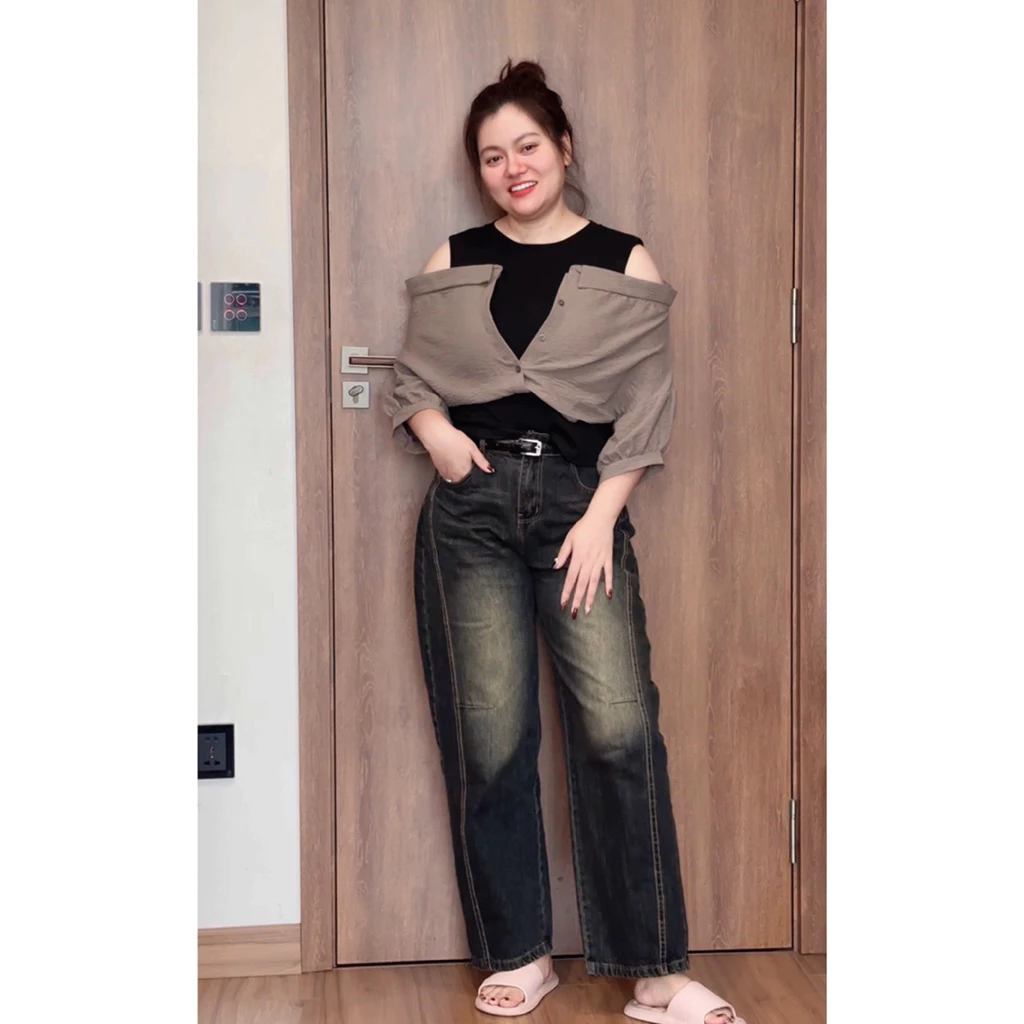 63312 BIGSIZE Quần jeans baggy nữ cạp cao phối viền,quần baggy thụng jeans màu mài thêu túi sau