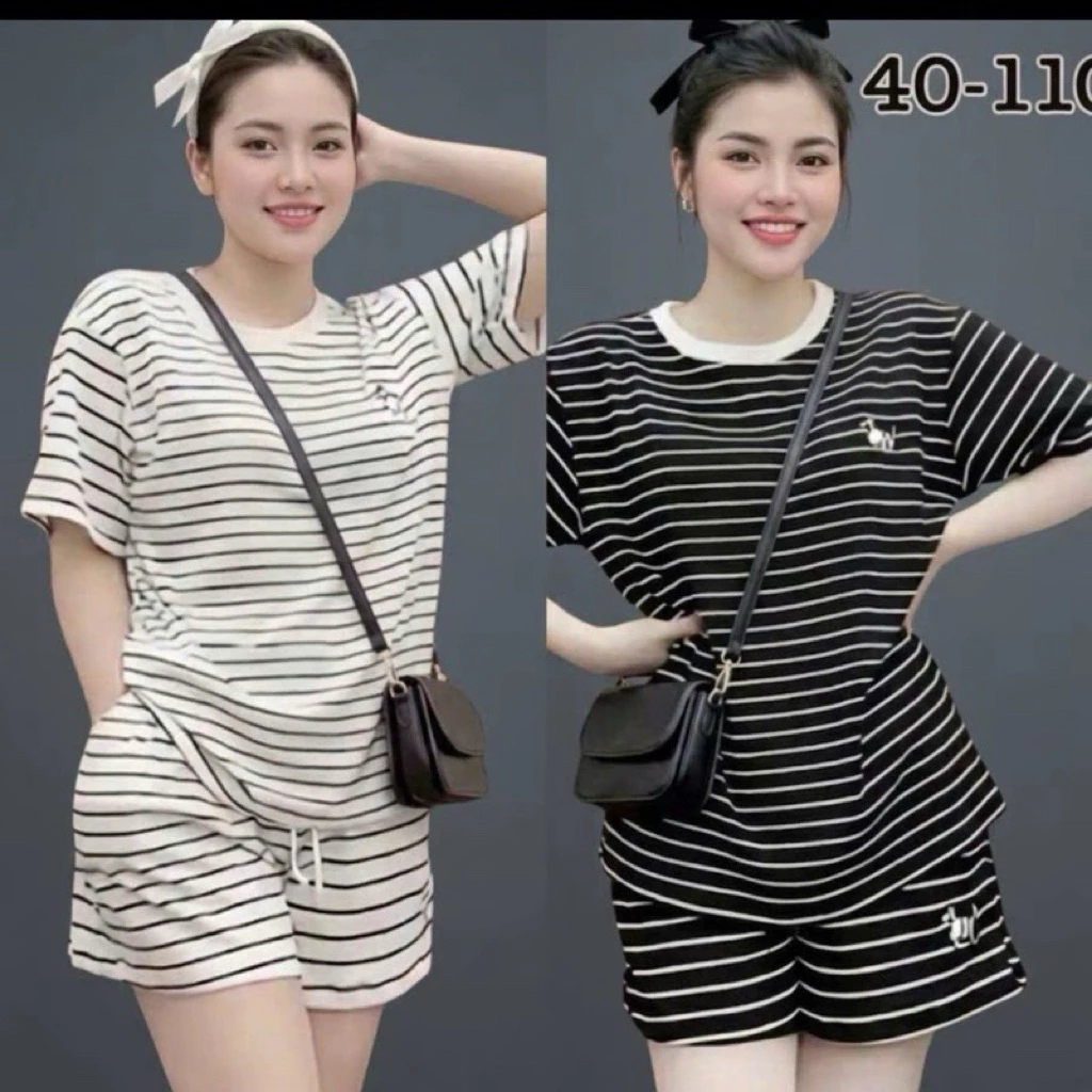 Áo Thun Nữ Stripe Short Set - Phong Cách Thời Trang Hiện Đại cho Nữ- Bộ thêu cún