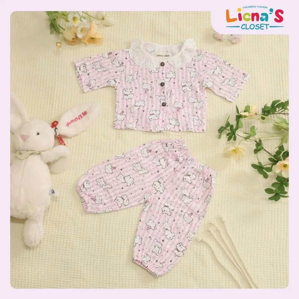 Set Bộ Dài Tay Thu Đông Liena’S Closet Cho Bé Họa Tiết Đáng Yêu Cổ Tròn Phối Ren Điệu Đà Thời Trang