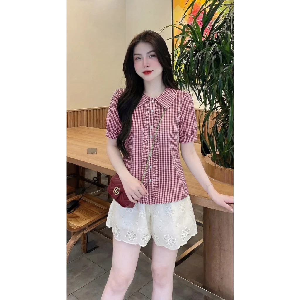 Áo kẻ ca rô PHỐI BÈO  XẾP LY TRƯỚC NGỰC , chất liệu mềm mại thoáng mát, phù hợp đi làm đi chơi  với 2 màu nổi bật B5.