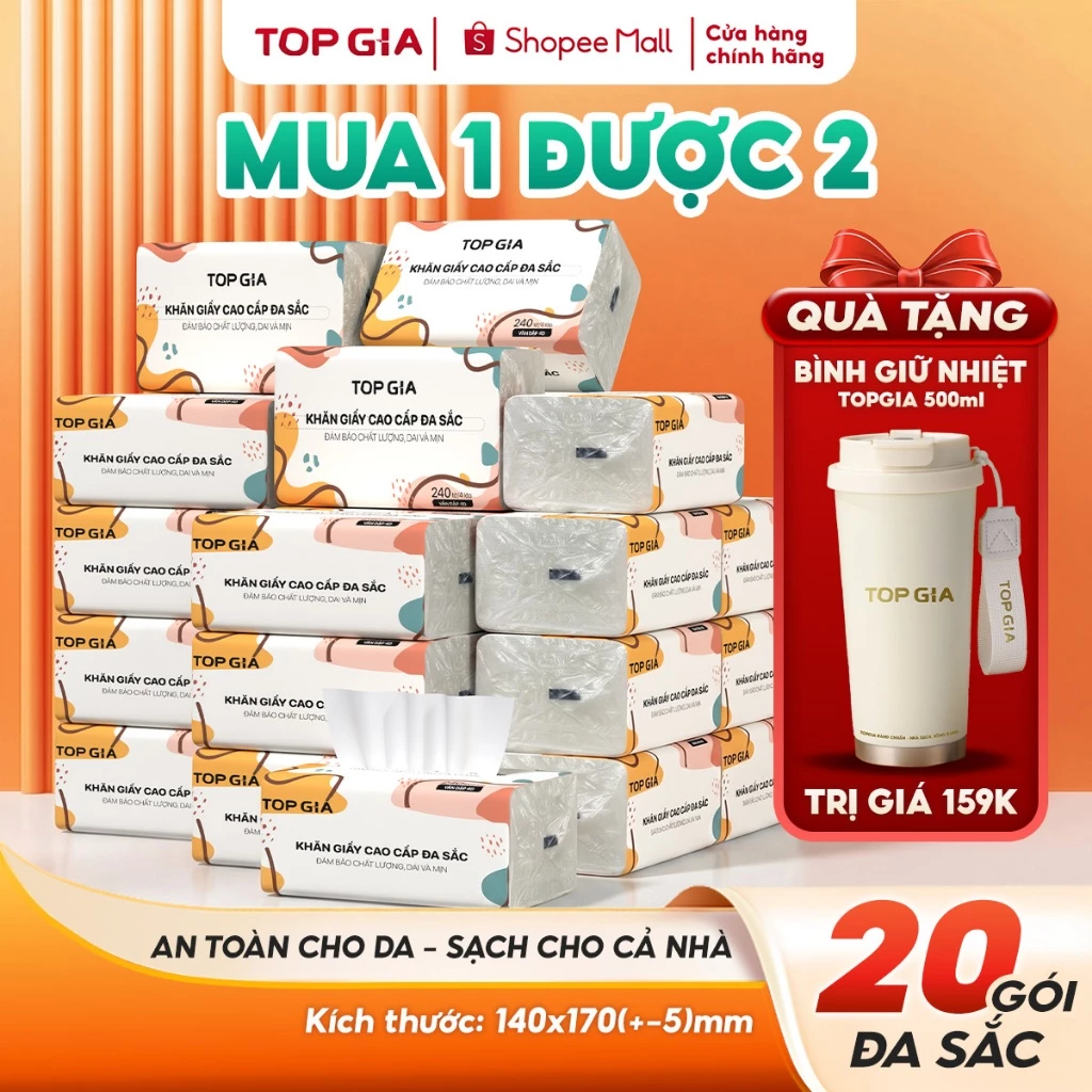 (MUA 1 TẶNG 1) Tặng bình giữ nhiệt 500ml, thùng 20g giấy ăn Đa Sắc Topgia mềm mịn dày dai 240 tờ