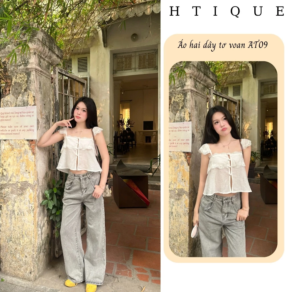 HTIQUE - Ra mắt Áo babydoll ren trắng viền bèo tay cánh tiên, Áo hai dây tơ vân han màu trắng nhẹ nhàng nữ tính AT09