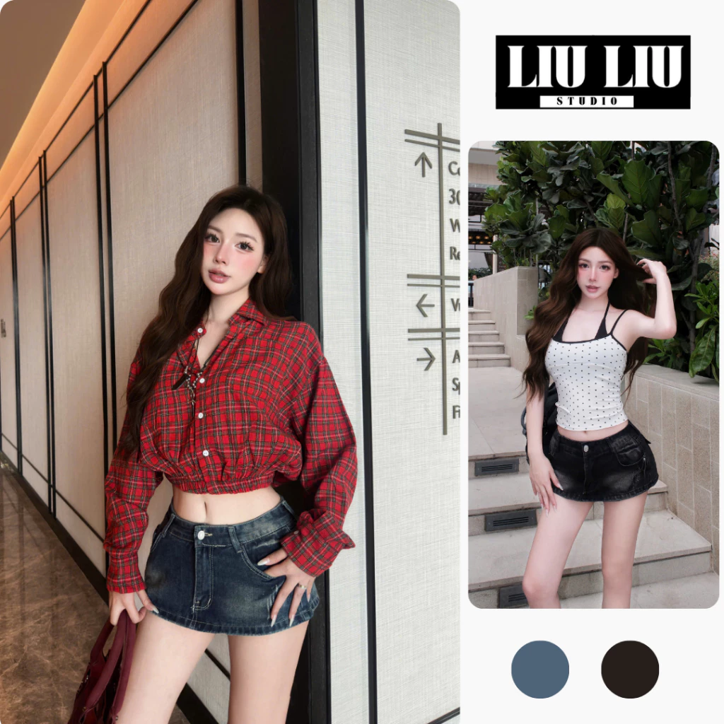 Chân Váy Jean Ngắn Y2K LIULIU STUDIO L21 - Chân Váy Bò Cạp Trễ Giả Quần Wash Rách Hack Dáng Cá Tính