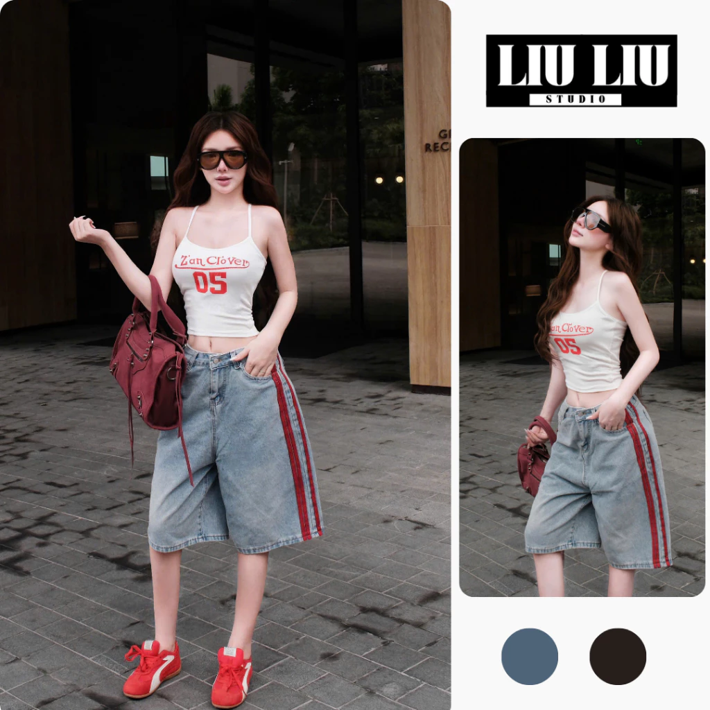 Quần jean lửng ống rộng nữ LIULIU STUDIO L24 quần bò sọc line thể thao tôn dáng che đùi cá tính dễ phối