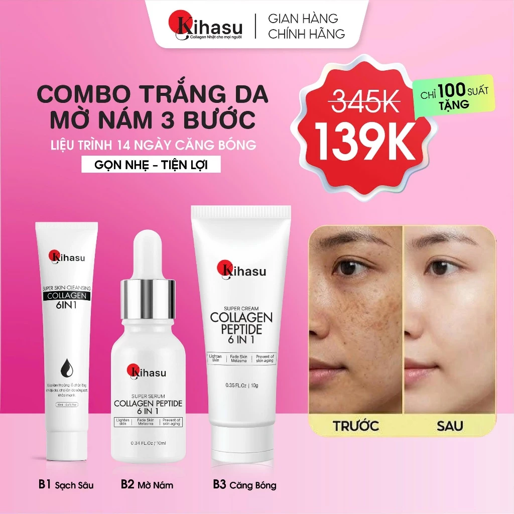 Combo Dưỡng Da Mini KIHASU 3 Bước Sữa Rửa Mặt, Serum Và Kem Dưỡng Làm Sạch, Cấp Ẩm, Dưỡng Sáng Da
