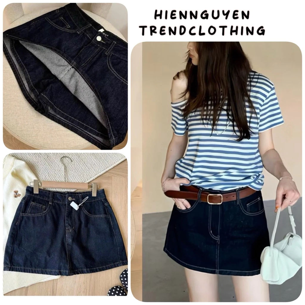 Chân Váy Jean Chữ A Lưng Cao Tôn Dáng - Chân Váy Ngắn Denim Basic Dễ Phối Đồ Màu Xanh Đậm Có Quần Bảo Hộ