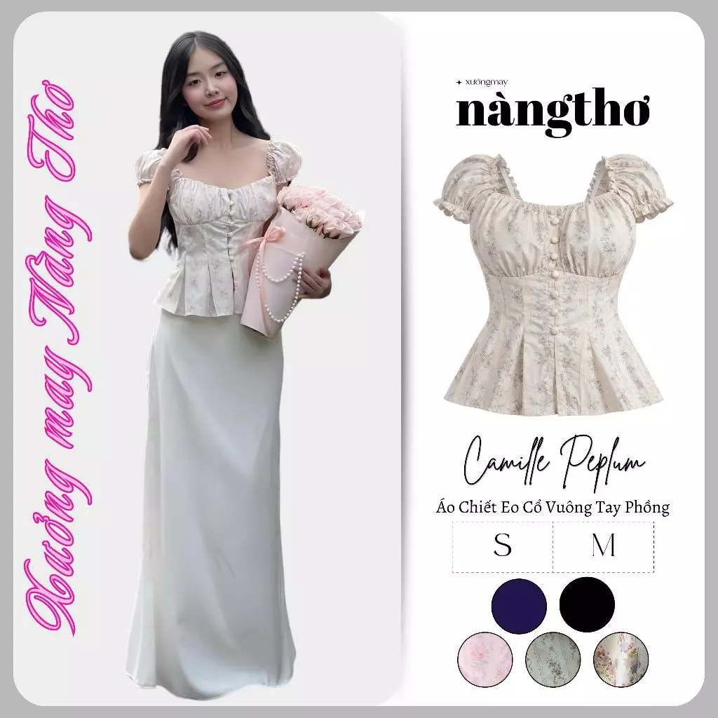 1201 Camille Peplum-Áo Chiết Eo Cổ Vuông Tay Phồng Chất Đũi Gió Nhăn
