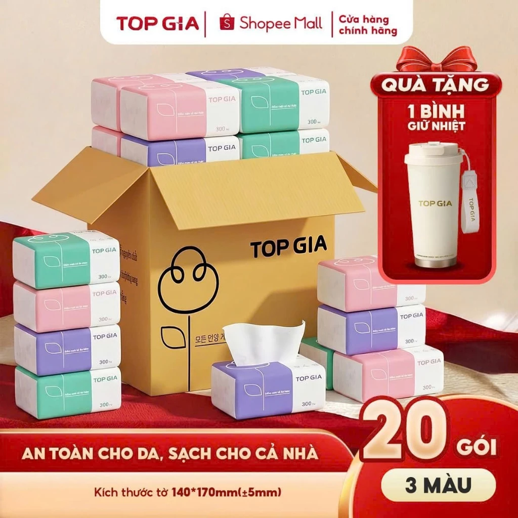 (MUA 1 TẶNG 1) Thùng 20 gói giấy ăn rút Topgia 3 màu 4 lớp, mềm mịn tặng một bình giữ nhiệt cao cấp