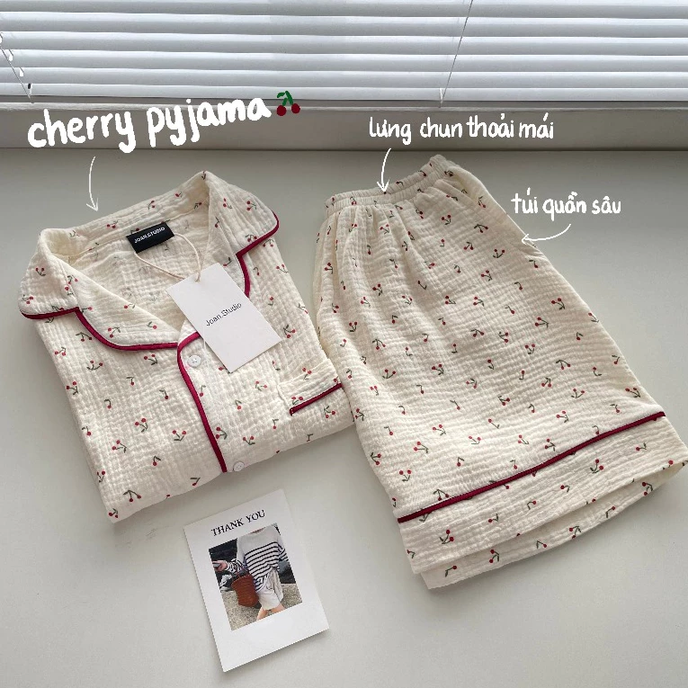 Đồ Ngủ Nữ Ngắn Tay Và Dài Tay - Đồ Mặc Ở Nhà chất liệu Xô Muslin HOA NHÍ CHERRY cao cấp - MUSLIN PJ