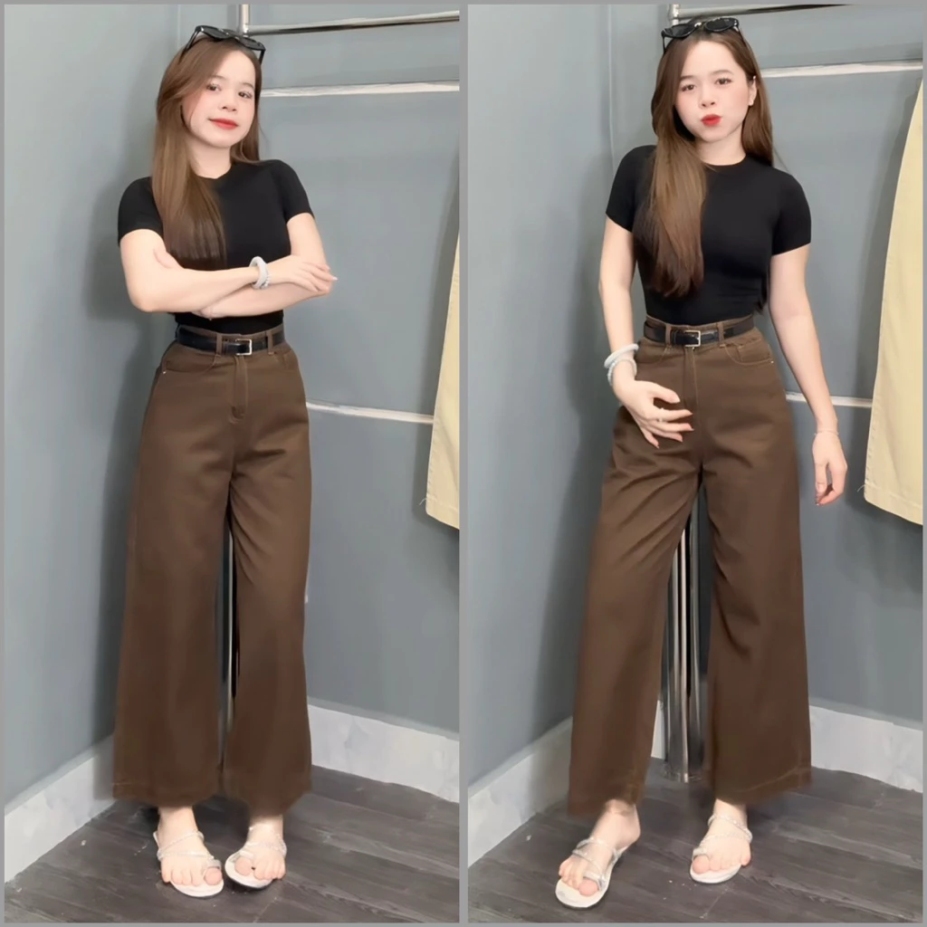 (92cm) Quần Jean Nữ Suông Trơn Ống Rộng Cạp Cao( Quần Suông Nấm 7402)