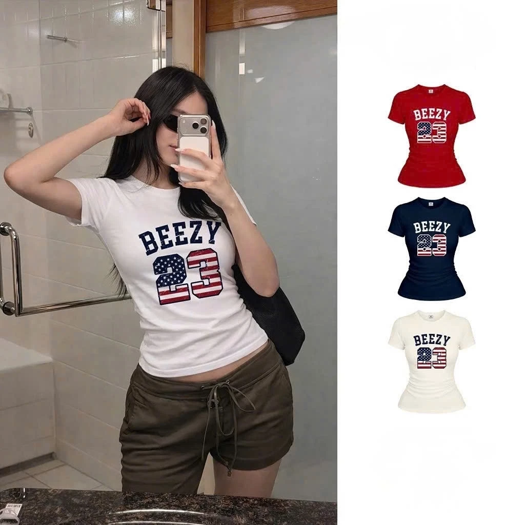 Áo croptop babytee cổ tròn xinh xắn,áo thun ôm body số 23 Beezy chất cotton co giãn cá tính phong cách Y2K