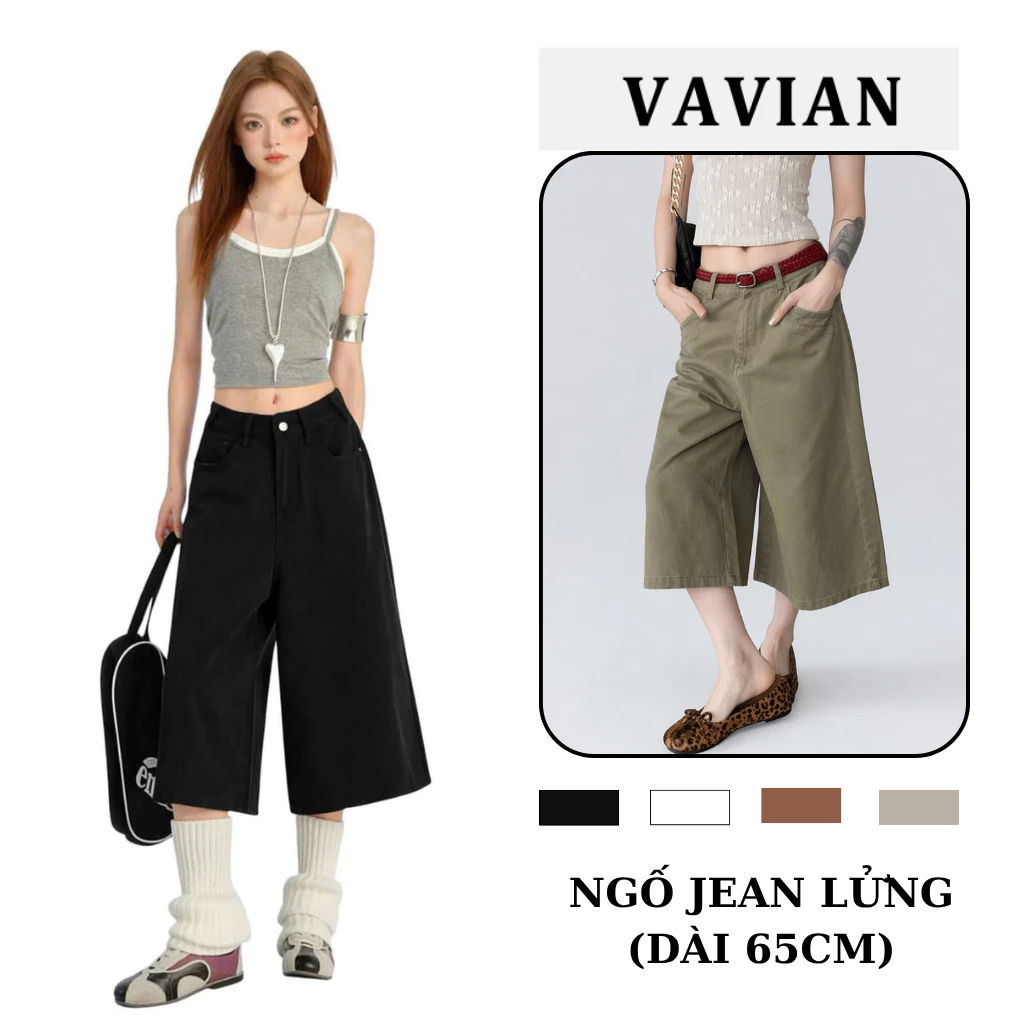 Quần Short Ngố Jean Nữ Lưng Cao, Short Lững Nữ mặc qua gối dài 65cm Ống Rộng Phong Cách Ulzzang Hàn Quốc - Vavian.store