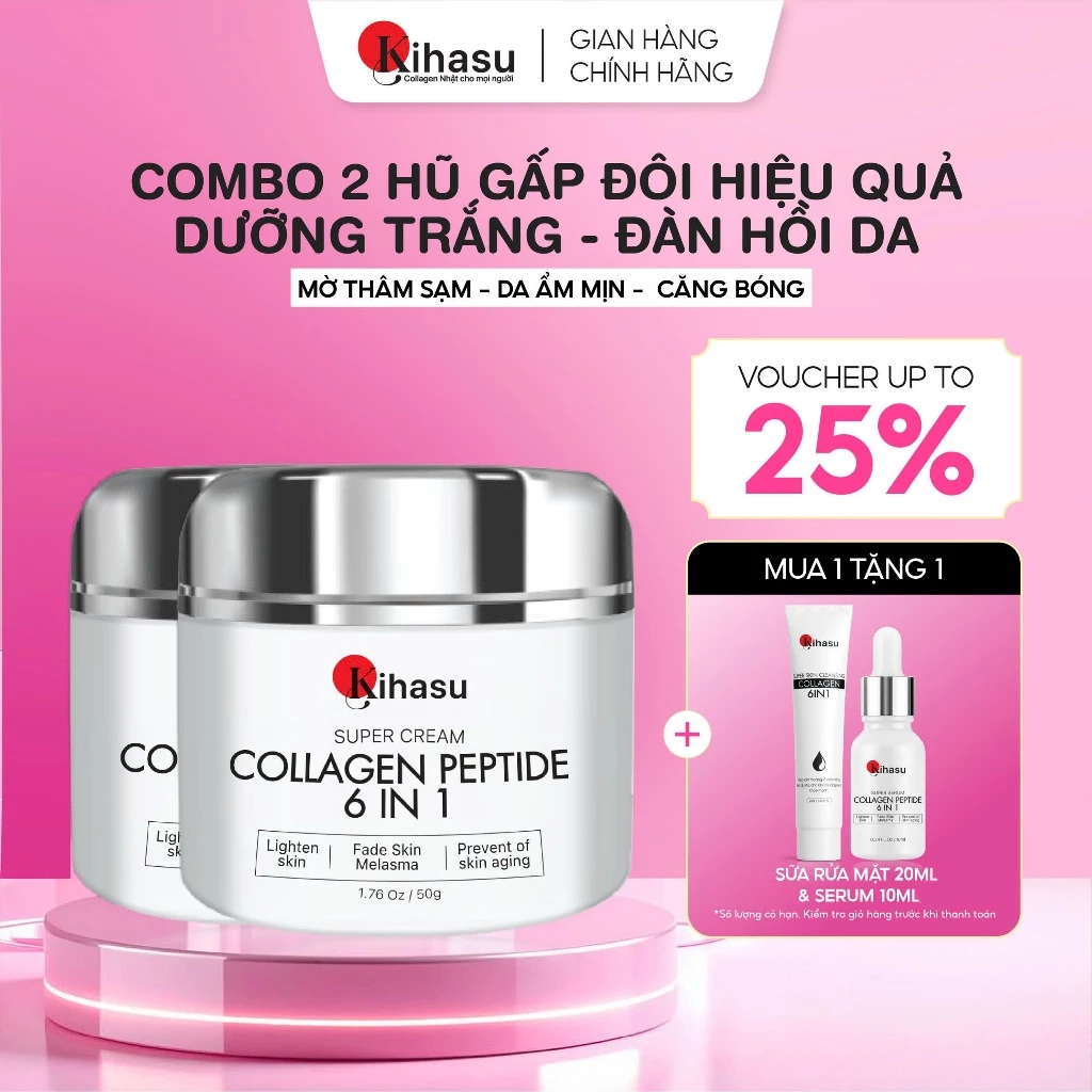 Hũ Kem Dưỡng Ẩm Kihasu Collagen 6in1 Dưỡng Da Trắng Sáng Đều Màu, Cung Cấp Độ Ẩm, Giúp Da Săn Chắc, Đàn Hồi, Trẻ Trung