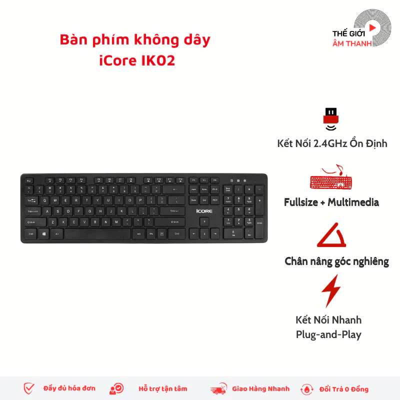Bàn Phím Không Dây iCore IK02 - Bàn Phím Máy Vi Tính Full Size Tích Hợp Multimedia - THẾ GIỚI ÂM THANH