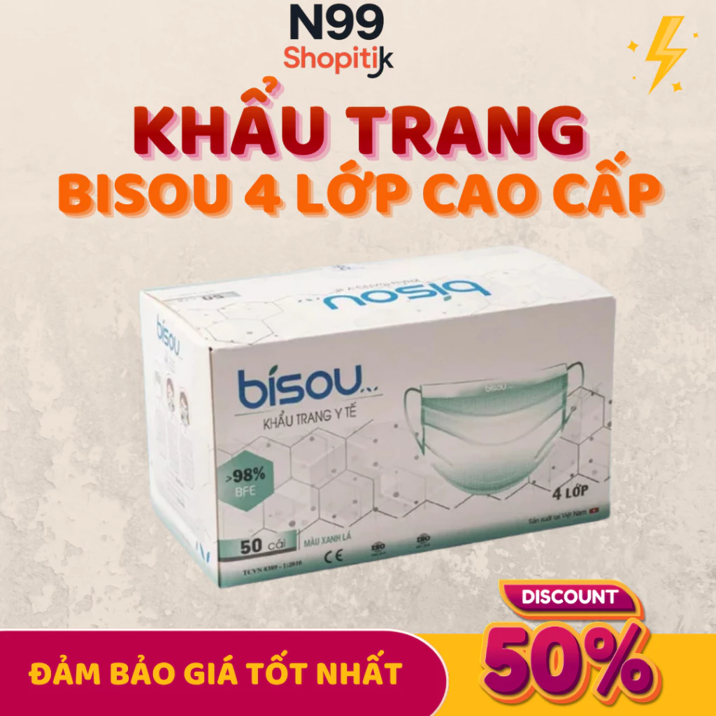 Khẩu trang Bisou Y tế 4 lớp kháng khuẩn hộp 50c [ĐỦ 6 MÀU]