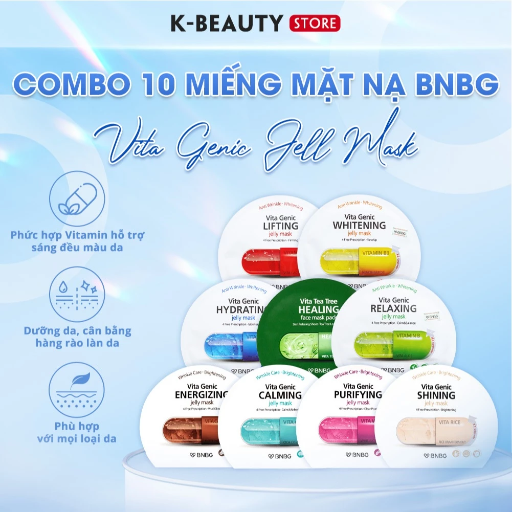Combo 10 Miếng Mặt Nạ BNBG Vita Genic Jelly Mask Giúp Sáng Da, Cấp Ẩm, Giảm Mụn, Nâng Cơ, Phục Hồi Da Tổn Thương 30ml
