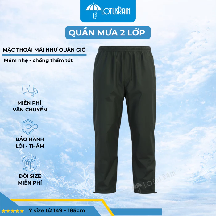 Quần Mưa 2 Lớp Lotusrain Mềm Nhẹ, Mặc Thoải Mái Như Quần Gió, Chống Thấm Tốt Khi Đi Mưa