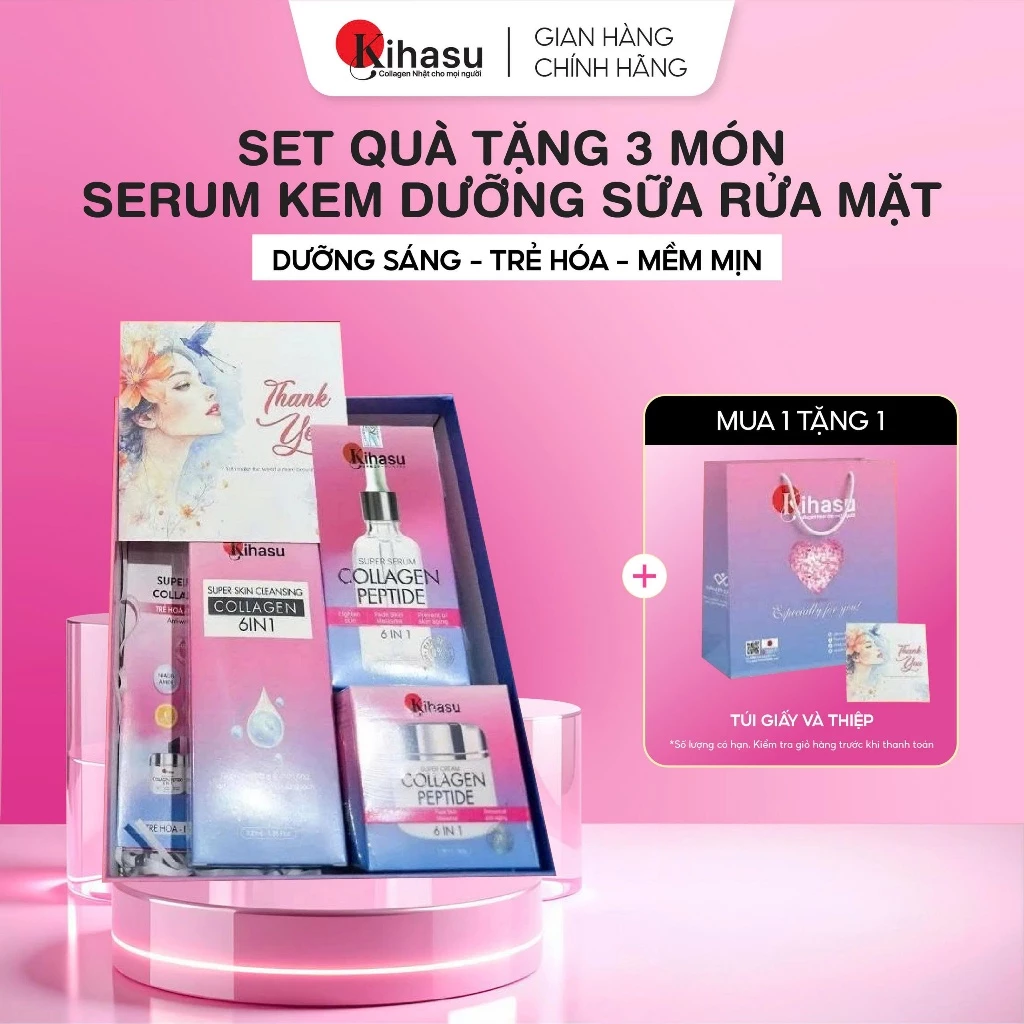 Set Quà Tặng Mẹ Kihasu Ngừa Lão Hóa, Sáng Da Mịn Màng với Kem Dưỡng Serum Sữa Rửa Mặt Collagen 6in1 Size Lớn