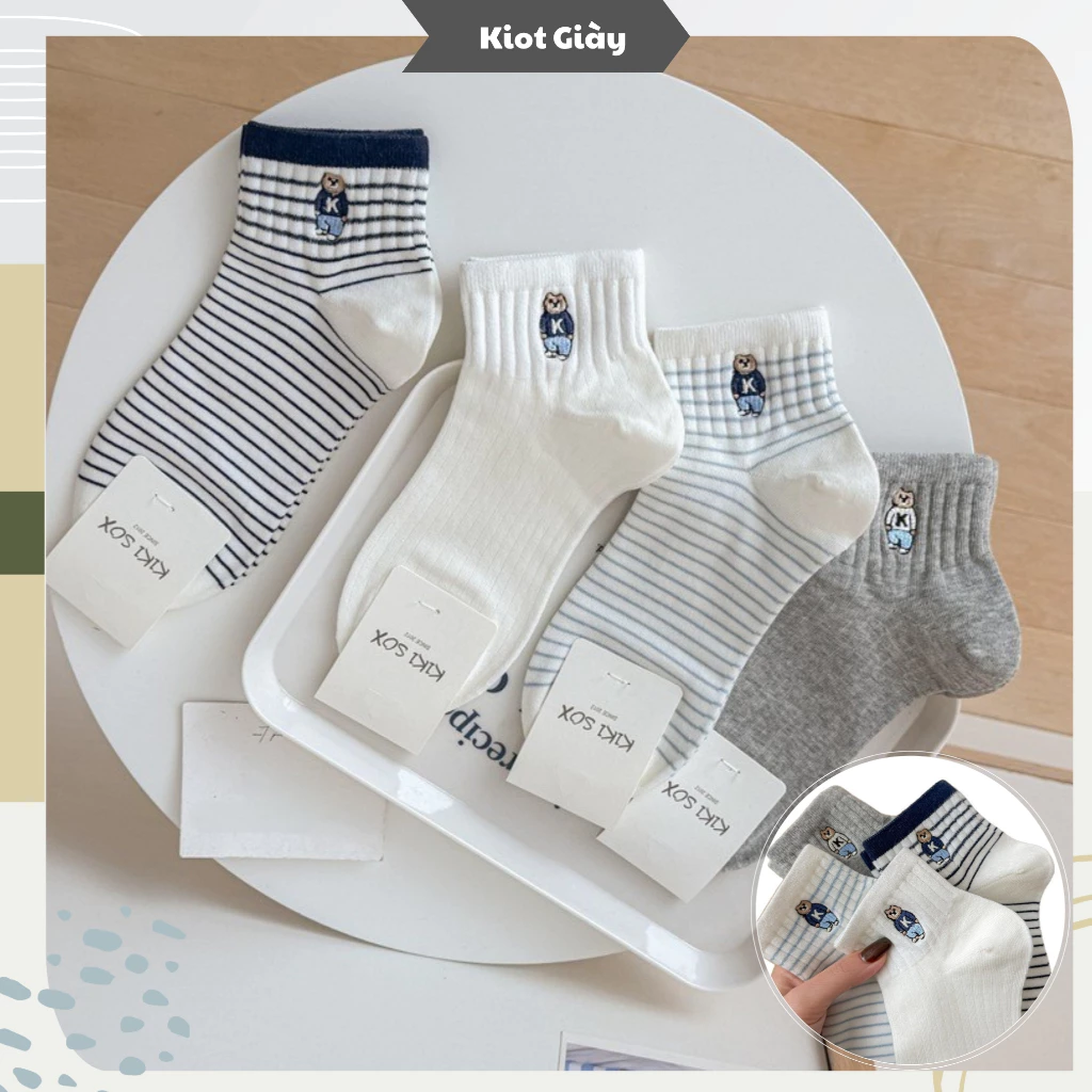 Tất gấu Hàn Quốc cổ thấp cho nữ - Chất liệu Cotton cao cấp mềm mịn co giãn thoáng khí