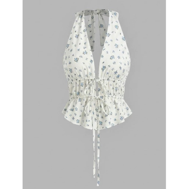 [Backless top] Áo Cổ Yếm Nữ Buộc Dây Cổ V Họa Tiết Hoa Nhí Xanh Hở Lưng Dáng Peplum Xòe Mùa Hè Biển