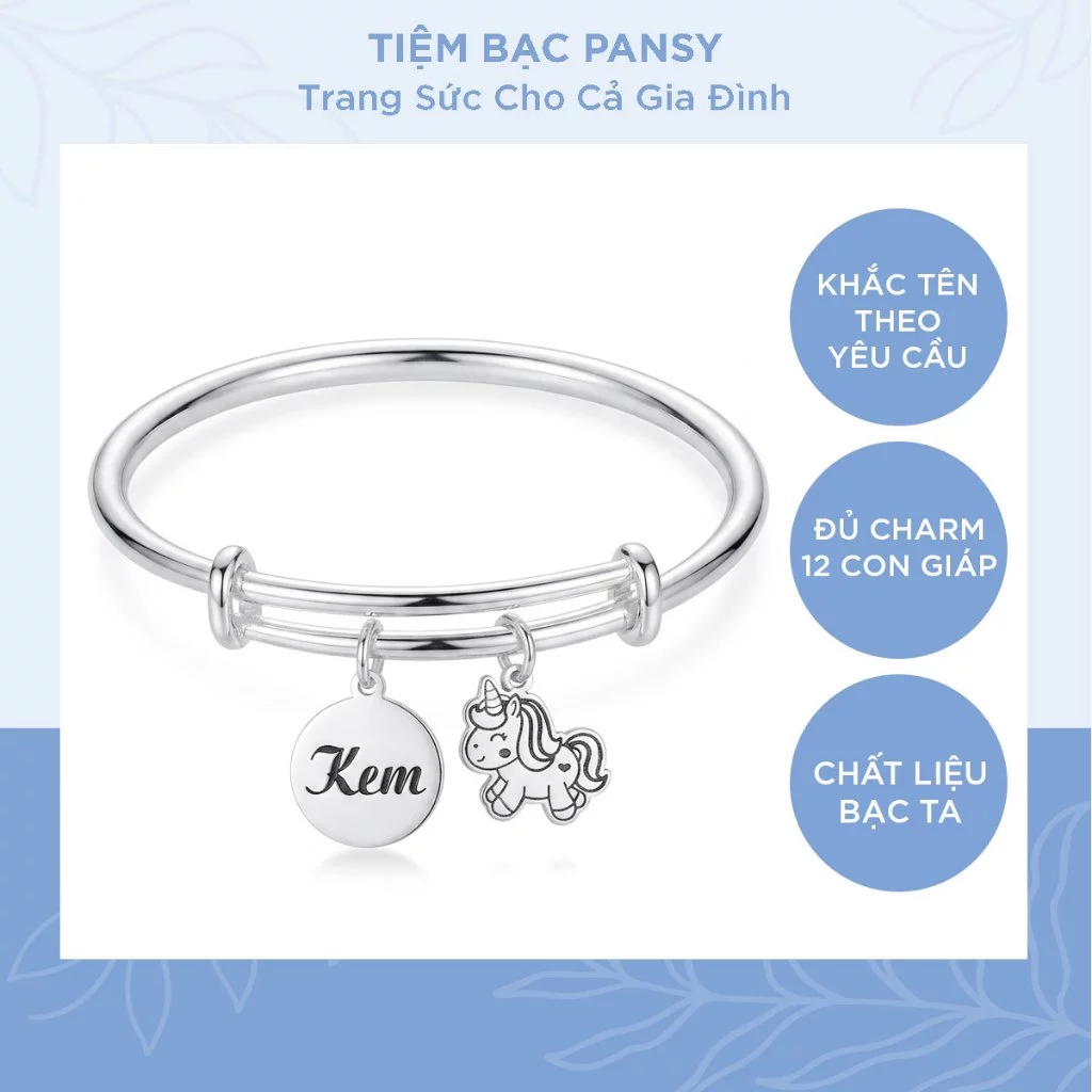 Vòng bạc khắc tên cho bé kèm charm dễ thương, lắc tay chân bạc cho bé từ sơ sinh đến 5 tuổi