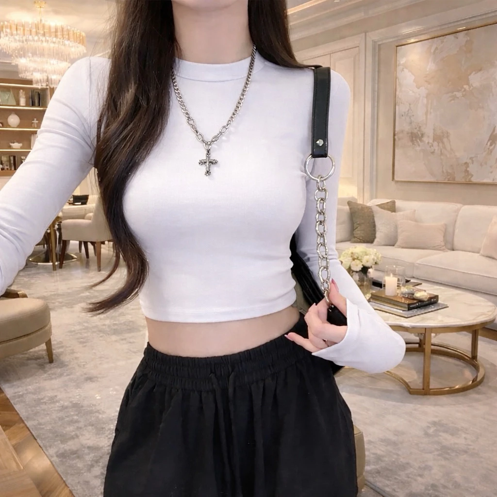 PQ01-Áo Thun croptop nữ tay dài cổ lọ ôm body chất bozip PQ Store Freesize 42-52kg