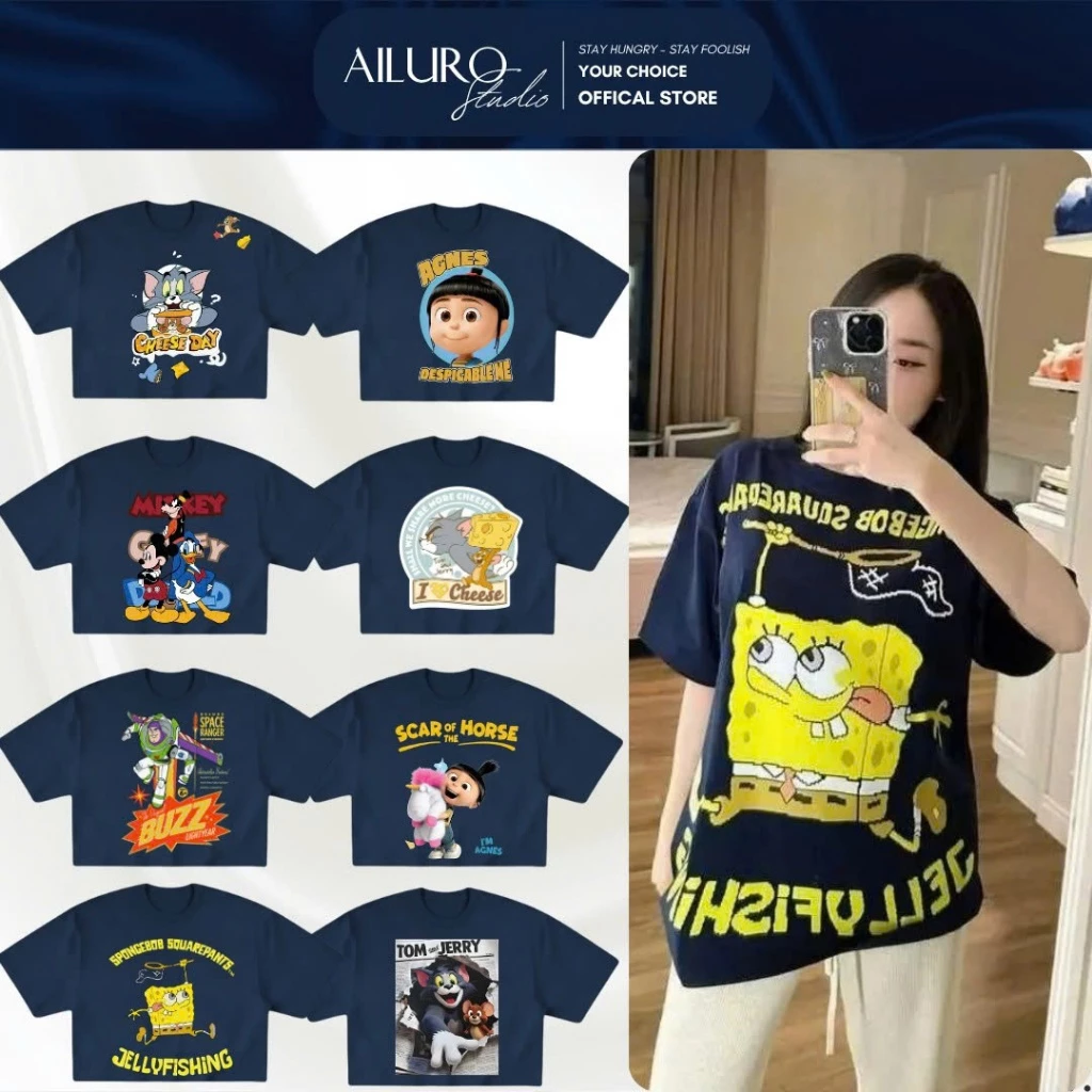 Xanh Navy] Áo Thun Tay Lỡ In Hình Dễ Thương Form Oversize chất 100% Cotton phông tay lỡ nam nữ form rộng