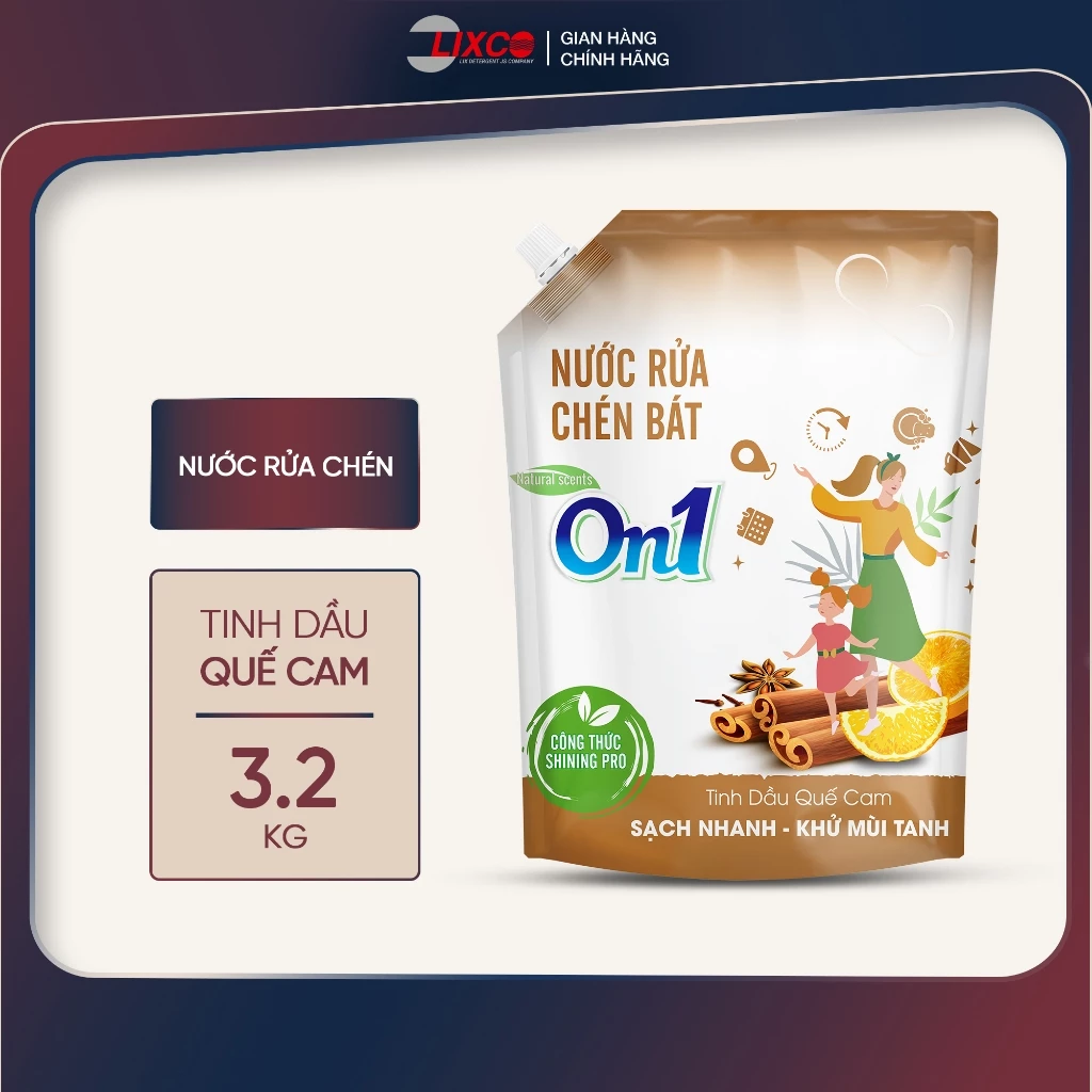 Nước rửa chén bát On1 tinh dầu quế cam siêu sạch bóng vết dầu mỡ, khử mùi tanh túi 3.2Kg & can 3.5kg - Lixco Việt Nam