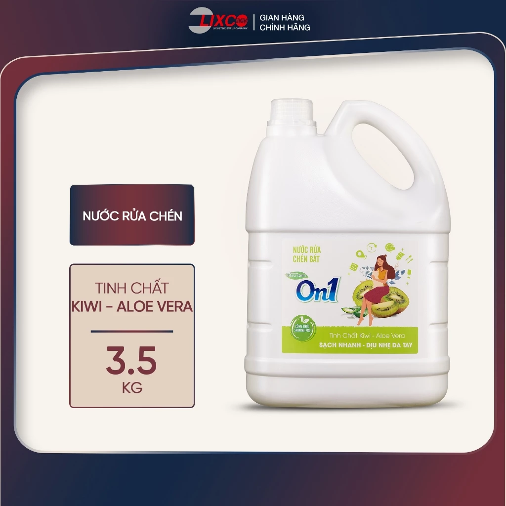 Nước rửa chén On1 hương kiwi và aloe vera 3.5kg, gel rửa bát sạch bóng vết dầu mỡ N5015 - Lixco Việt Nam