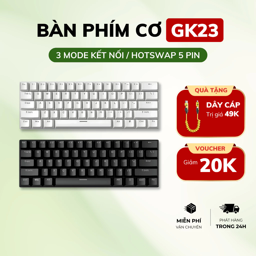 Bàn Phím Cơ Gaming GK23 3 Mode Led RGB 61 Phím Rút Gọn Hotswap 5 Pin Brown Switch Có App Điều Chỉnh