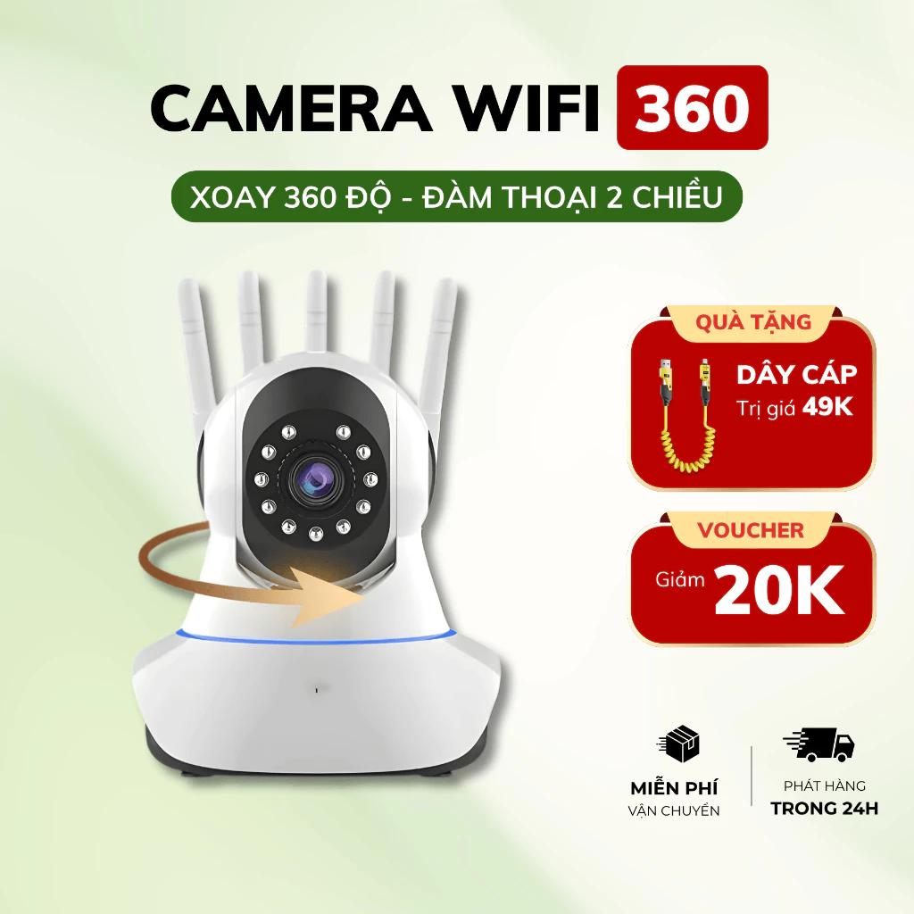 Camera Wifi 360 Độ 5 Anten, Quay Toàn Cảnh, Đàm Thoại 2 Chiều, Hồng Ngoại Đêm, Hỗ Trợ Lưu Thẻ Nhớ