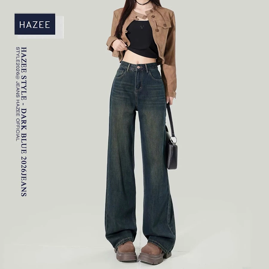 Quần Jeans Ống Rộng Lưng Cao Dark Blue 2026 HAZEE– Dáng Suông Hack Dáng, Phong Cách Hàn Quốc