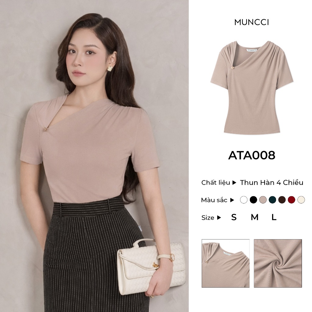 Áo Thun Nữ Cổ Chéo MUNCCI Đính Khuy Vàng Sang Trọng Chất Liệu Thun Hàn Co Giãn…