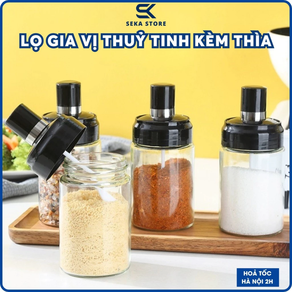 Lọ Đựng Gia Vị Thuỷ Tinh Kèm Thìa, Hũ Gia Vị Thủy Tinh Thông Minh