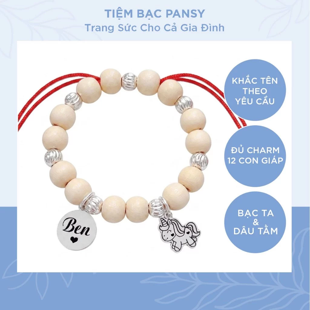 Vòng dâu tằm khắc tên cho bé gái, trai PANSY - Vòng gỗ dâu mix bi bạc, thẻ khắc chữ theo yêu cầu bằng bạc ta
