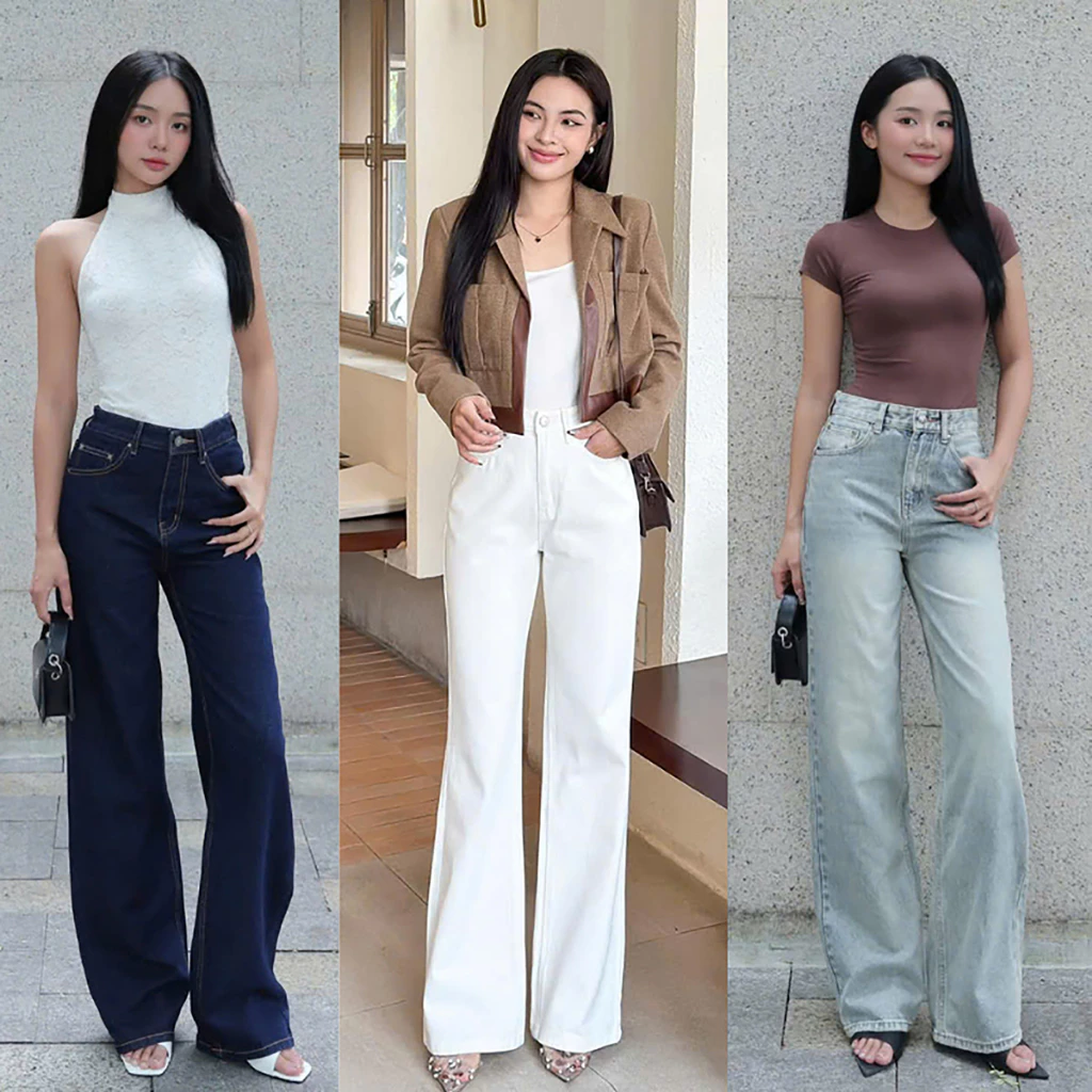 Quần Jeans Nữ Lưng Cao Ống Suông Rộng tôn dáng cạp cao Dáng Dài Basic Nhiều Màu