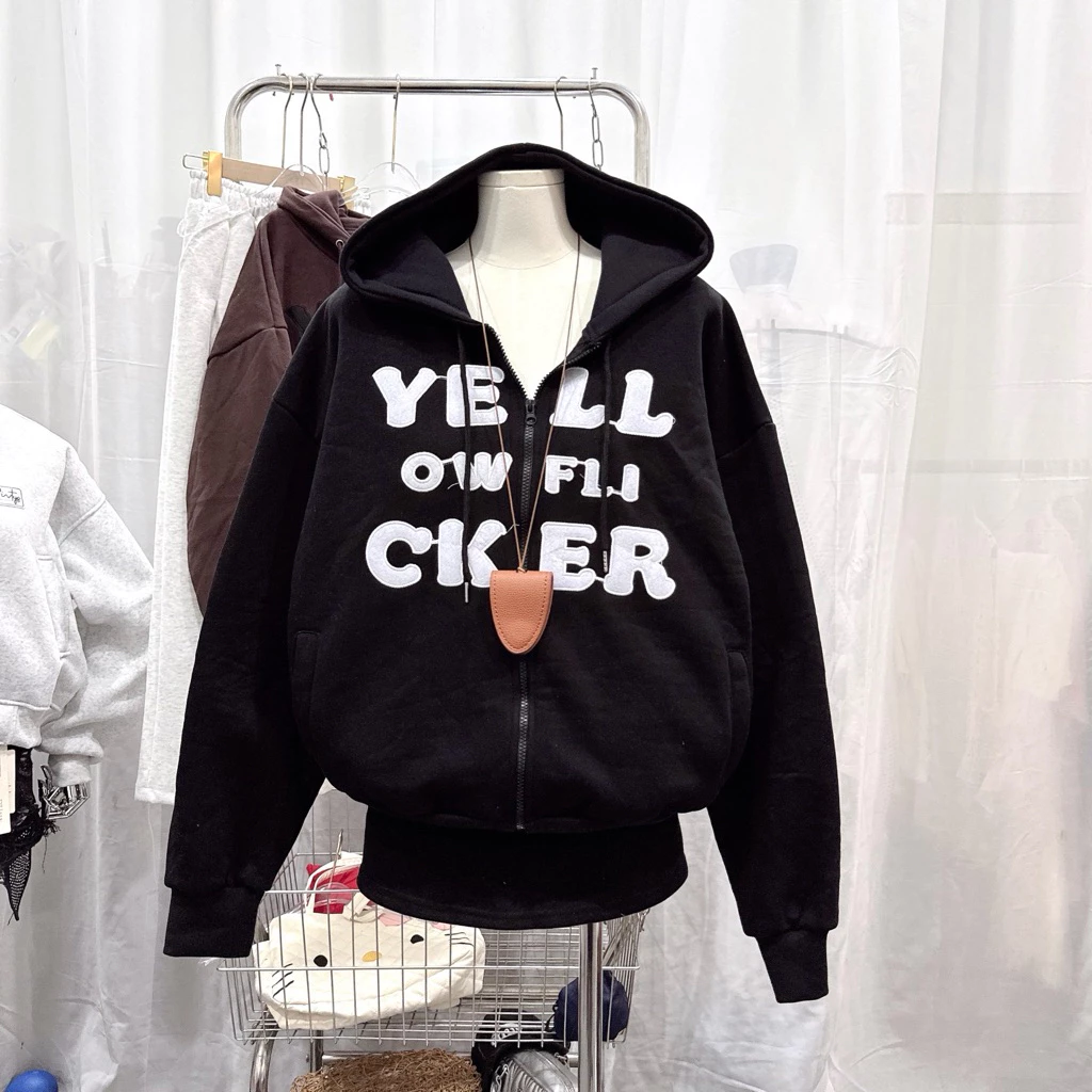 Áo Khoác Nỉ Form Rộng Vải Dày Vừa Thêu YELL, áo khoác nữ form 40-65kg dài áo 60cm Hoodie Zip Women Top Hot